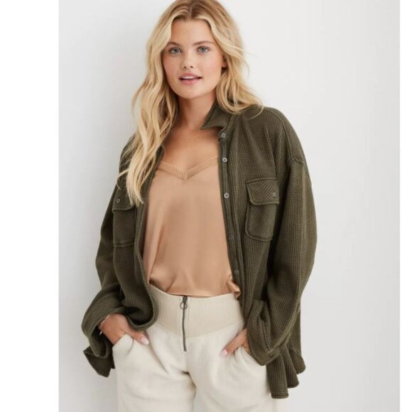 Aerie Lumber Jane Waffle Button Front Shirt in Nomad Olive | M - Picture 1 of 5